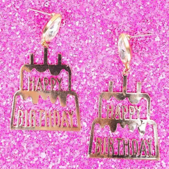 NWT BOUTIQUE HAPPY BIRTHDAY CRYSTAL GOLDTONE EARRINGS FUN & UNIQUE - Picture 1 of 1